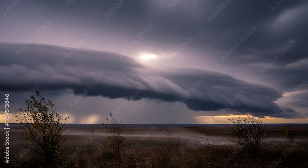 Fototapeta premium Dramatic storm clouds rolling over the horizon with ominous sky backdrop