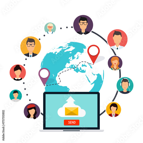 Global Network Connection Connecting People Worldwide, Email Communication, and Digital Connectivity