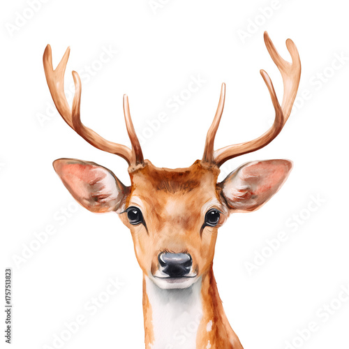 Charming watercolor portrait of a deer, showcasing its graceful antlers and gentle eyes against a dark backdrop.