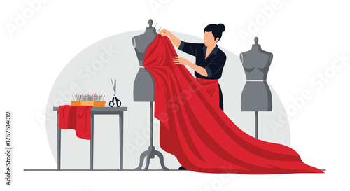Creative Dressmaker Designing Elegant Garments on Mannequins in Studio