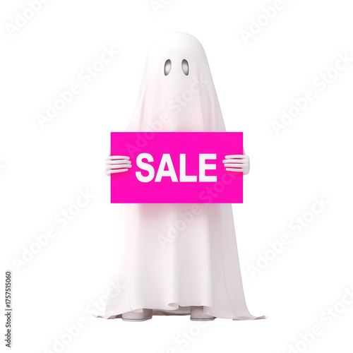A friendly ghost is holding a vibrant pink sign that says ?SALE? in capital letters against a stark black background, simple.