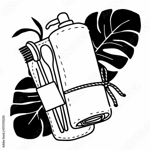 Still life of a toiletry bag with a toothbrush, utensils, and a lotion bottle against monstera leaves