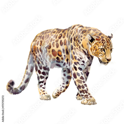 Watercolor rendering of a strong and stealthy leopard walking with elegance and confidence in its natural habitat