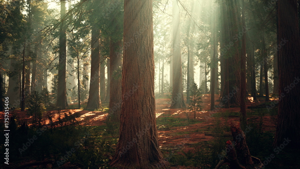 Obraz premium Golden rays of sunlight stream through the dense canopy, creating a magical glow on the forest floor. The tranquil scene captures the beauty of nature in the early morning light.