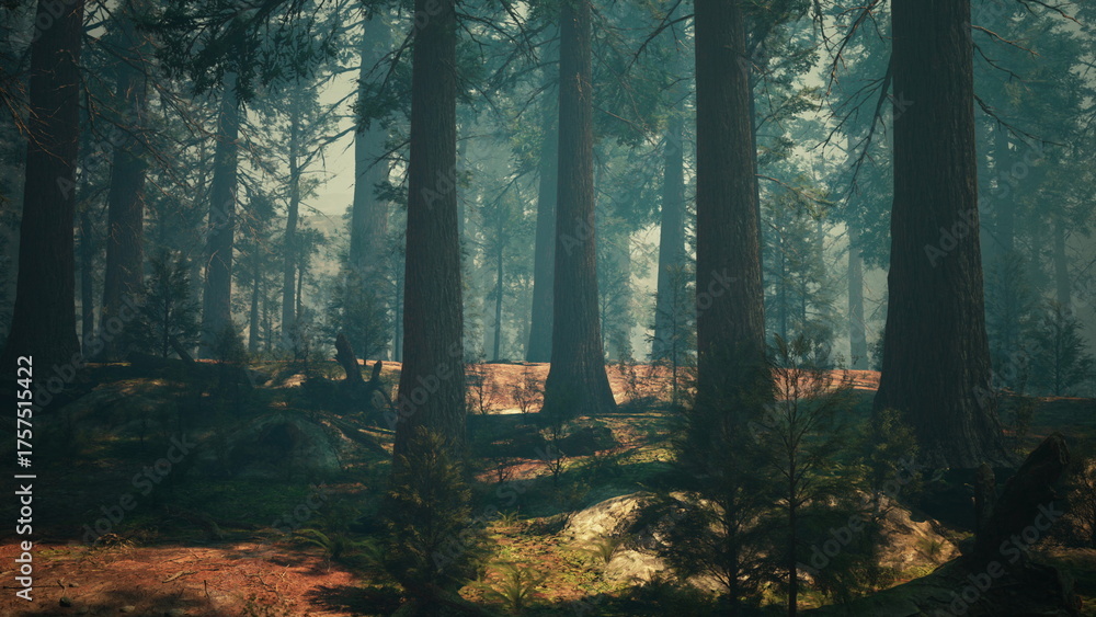 Naklejka premium Sunlight streams through tall trees in a serene forest. Moss and rocks are scattered on the forest floor, creating a peaceful, natural atmosphere.