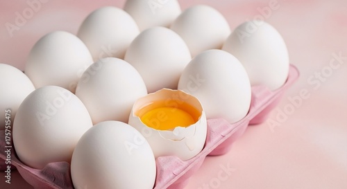 Dozen White Eggs in a Pink Carton with One Cracked Egg Showing Bright Yolk