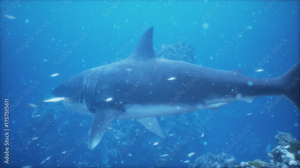 Fototapeta premium A graceful shark swims effortlessly in a serene underwater landscape. Colorful coral and small fish surround the shark, showcasing the beauty of marine life in this peaceful setting.