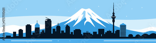 Auckland skyline silhouette with snowy volcano on blue background