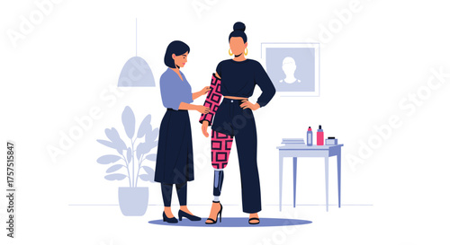 Fashion Designer Helping Woman With Prosthetic Limb Try On Outfit
