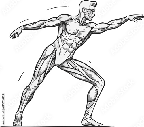 Dynamic anatomical illustration of a muscular male figure in an athletic pose, emphasizing human musculature and movement.