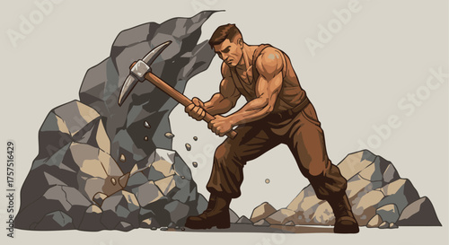 A muscular man in work clothes powerfully swings a pickaxe, breaking apart a large rock formation with visible effort.