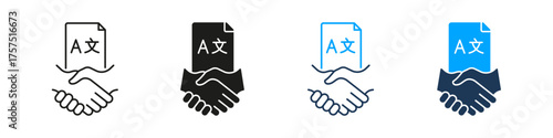Language Agreement Line And Solid Icon Set. Contract Page And Handshake For Translation Services, International Collaboration, And Linguistic Partnership. Isolated Vector Illustration