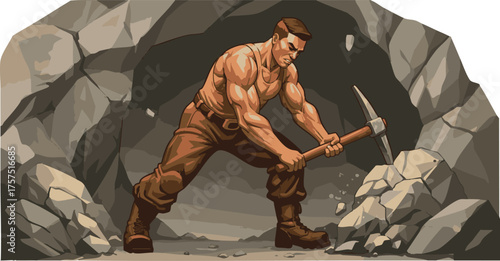 A muscular man, shirtless and wearing work pants and boots, vigorously swings a pickaxe to break apart rocks within a dark, rocky cave.