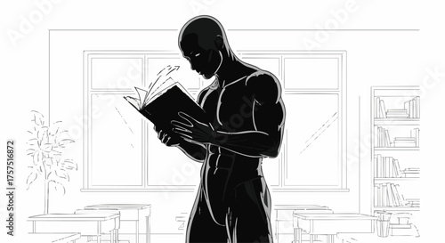 Silhouette of a muscular man reading a book in a classroom setting, with desks and a window visible in the background.