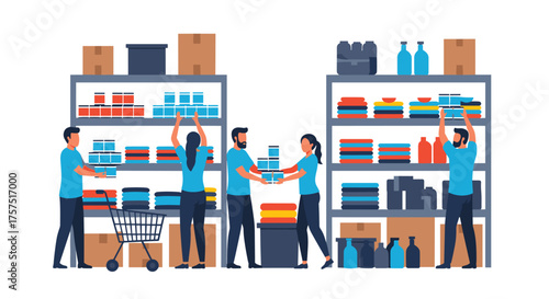 Volunteers Organize Stock Shelves in a Warehouse or Store Room