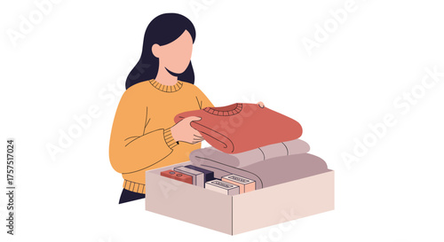 Woman Folding Clothes and Packing Them Into a Box for Donation or Storage