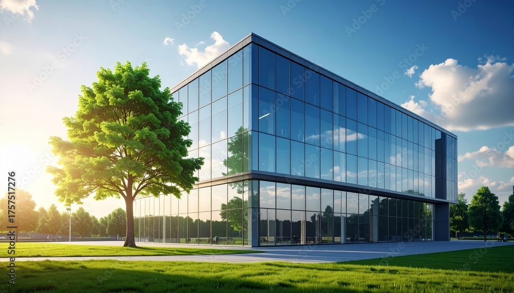 Obraz premium Sustainable glass office building with tree for reducing heat and carbon dioxide