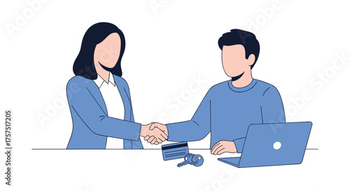 Two people shaking hands across a desk with a laptop and credit card signifying a business transaction or agreement