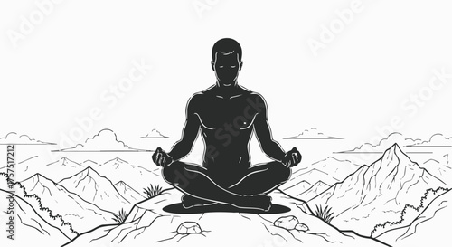 Silhouette of a man meditating in lotus position on a mountaintop with a mountain range and cloudy sky in the background.