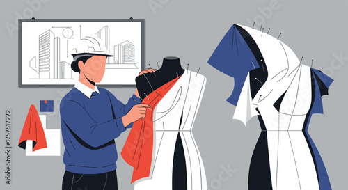 Fashion Designer Creating New Garment Ideas on Mannequins Working on Project