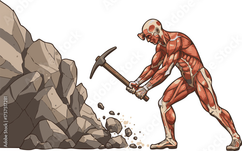Illustration of a muscular figure using a pickaxe to break apart a large rock formation, depicting strength and labor.