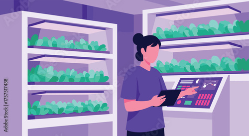 Scientist Monitors Crops Growing Under Artificial Lights in Modern Vertical Farm
