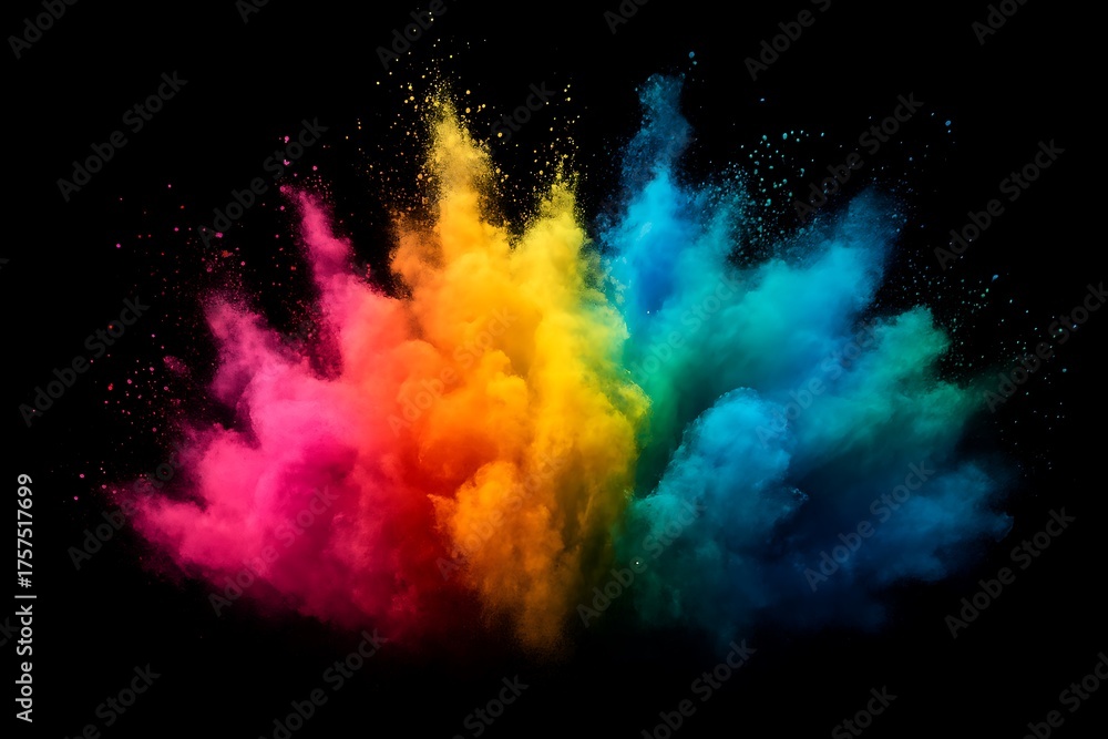 Fototapeta premium Vivid explosion of colorful powder against a stark, black background.