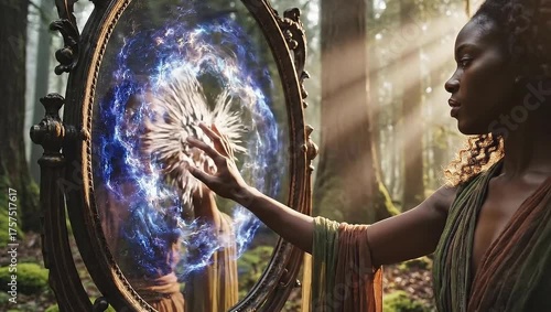 Mystical Woman Touching a Magic Mirror Portal in Ancient Forest