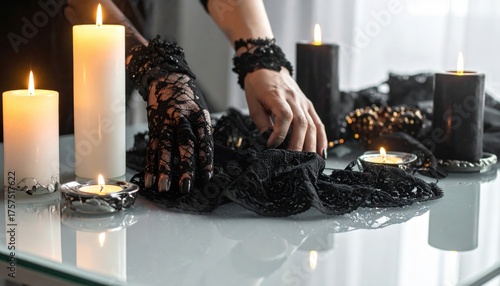 Woman Wearing Black Lace Gloves Arranging Black Candles and Decorations on Glass Table