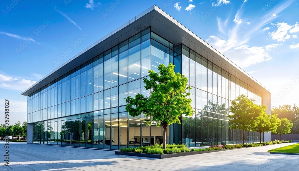 Obraz premium Sustainable glass office building with tree for reducing heat and carbon dioxide