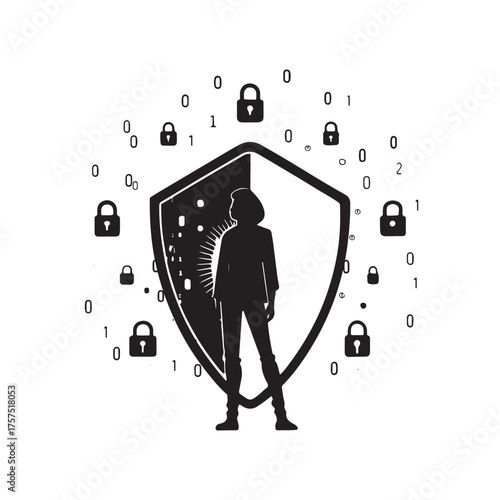 Silhouette of a woman inside a shield with binary code and padlocks Keywords: woman, silhouette, shield, binary code, 01, numbers, padlock, lock, security, data, protection, cyber security