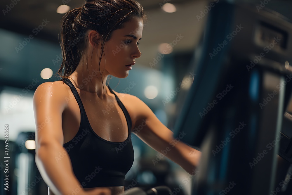 Fototapeta premium A woman in a gym, working hard on a simulator, her black top matching the sleek, modern feel of the fitness environment.