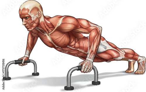 Anatomical illustration of a muscular male figure performing a push-up exercise using parallel bars, showcasing muscle definition and skeletal structure.