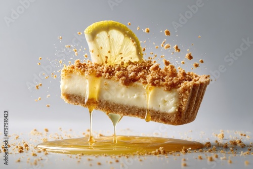 A slice of elevated cheesecake drizzled with sauce, topped with a lemon wedge