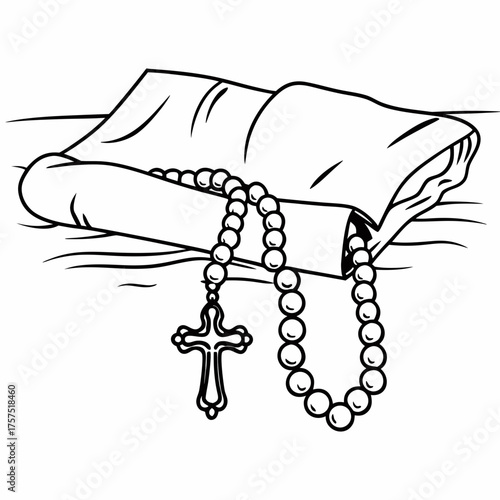 Illustration of a rosary with a cross hanging from a book on a surface in black and white outline