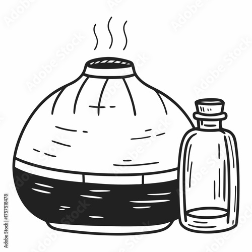 Illustration of an essential oil diffuser with steam and a small bottle next to it in black and white