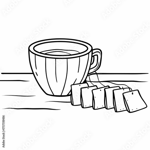 A cup of tea with multiple tea bags on a table in a black and white outlined cartoon style drawing