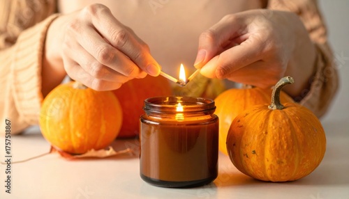 Person lighting candle with matches surrounded by small pumpkins in cozy autumn scene