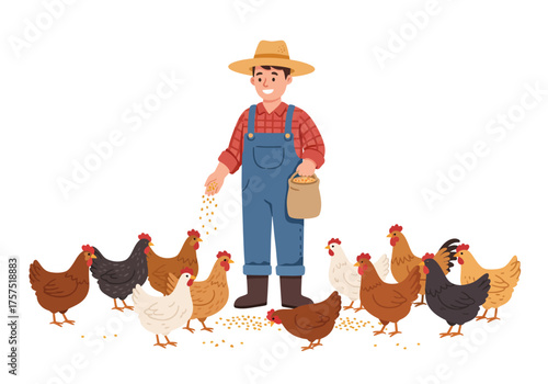Farmer Feeding Chickens in a Rural Setting with Hat and Overalls.