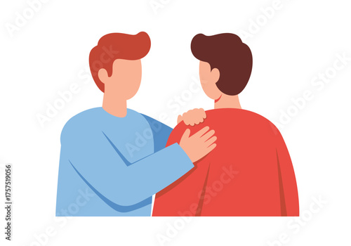 Man comforting another with hand on shoulder support.