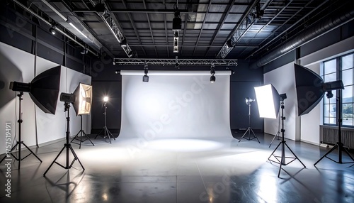 Wide shot of a modern, well-equipped photography studio with a white seamless backdrop, professional softbox lighting,