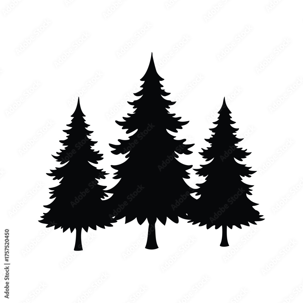 Obraz premium Three evergreen trees stand tall in stark black silhouette against white background, pine tree silhouette vector illustration