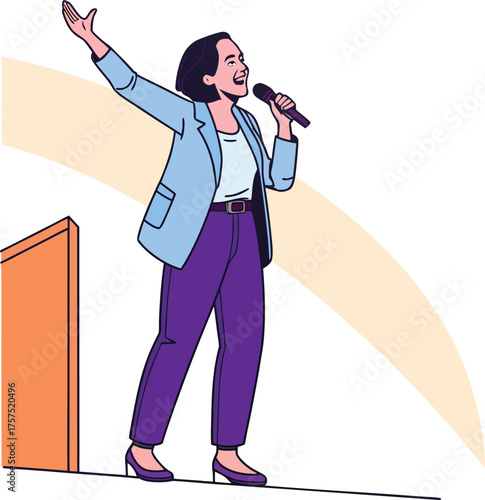 Woman Speaking on Stage with Microphone