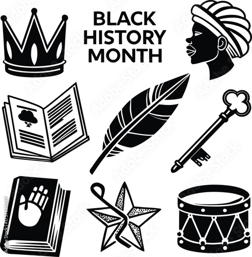 Black History Month Vector Icon Set Silhouette for Culture and Education