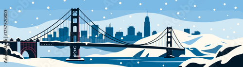 San Francisco skyline in snow with Golden Gate silhouette