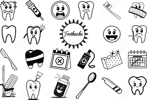 Monochrome Dental Health and Toothache Icon Set Vector