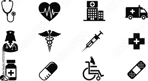 Medical health icon set, hospital, nurse, doctor, stethoscope, syringe, ambulance, medicine, wheelchair, healthcare, pharmacy, cross, heart, medical care vector illustration