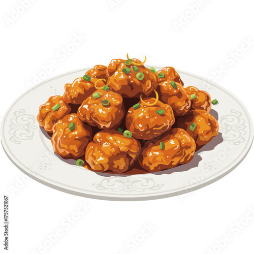 Orange Chicken with Green Onion Garnish Vector Icon with Transparent Background