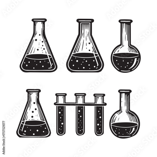 Vintage Scientific Laboratory Glassware Illustration Set Silhouette On White Background.