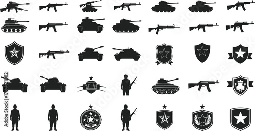 Military weapons and tanks icons set, soldier silhouette, army shield badge, defense, war equipment, battle, security illustration vector